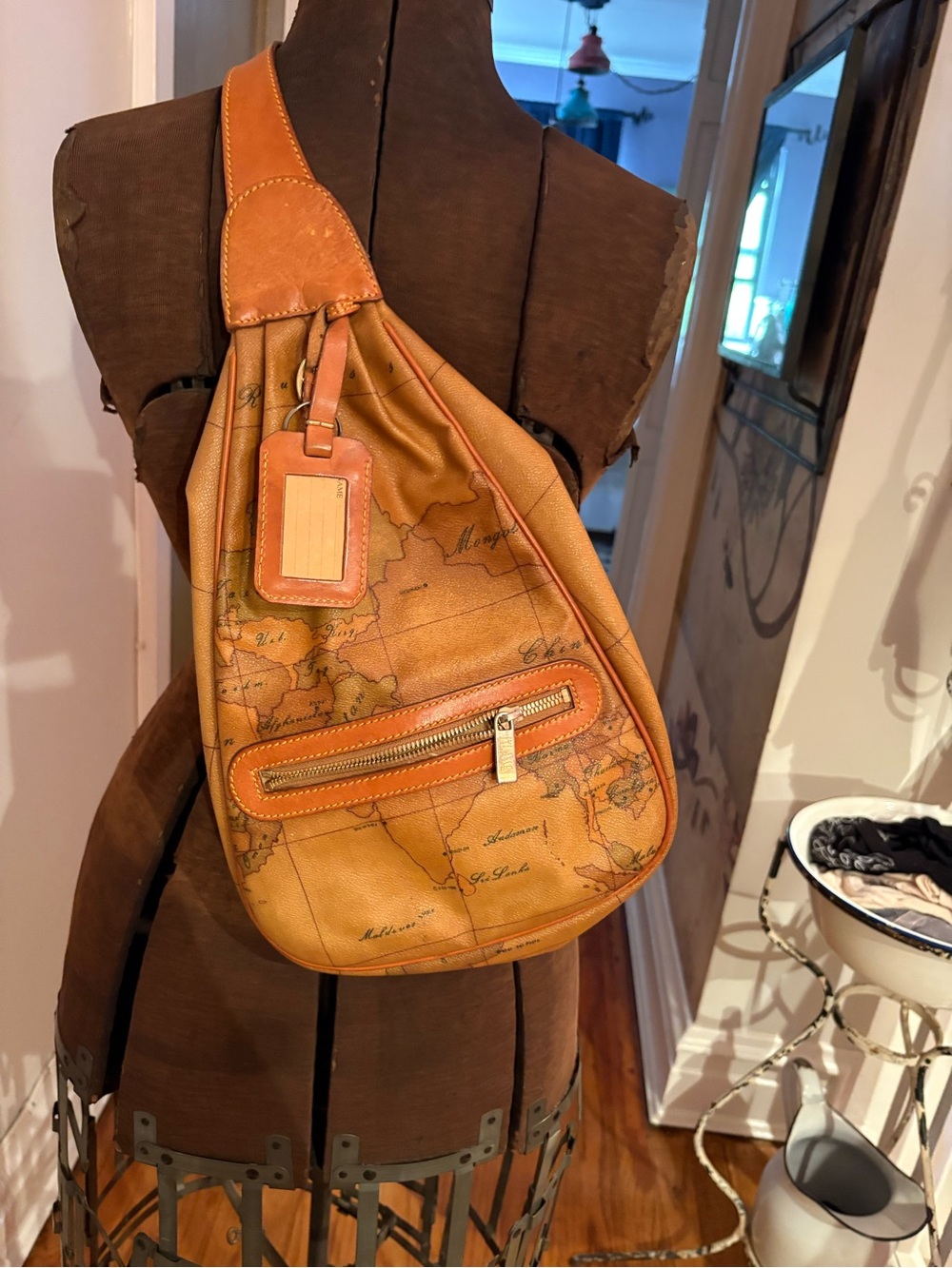 Alviero Martini Map-Print Shoulder Sling in Tan and Brown
